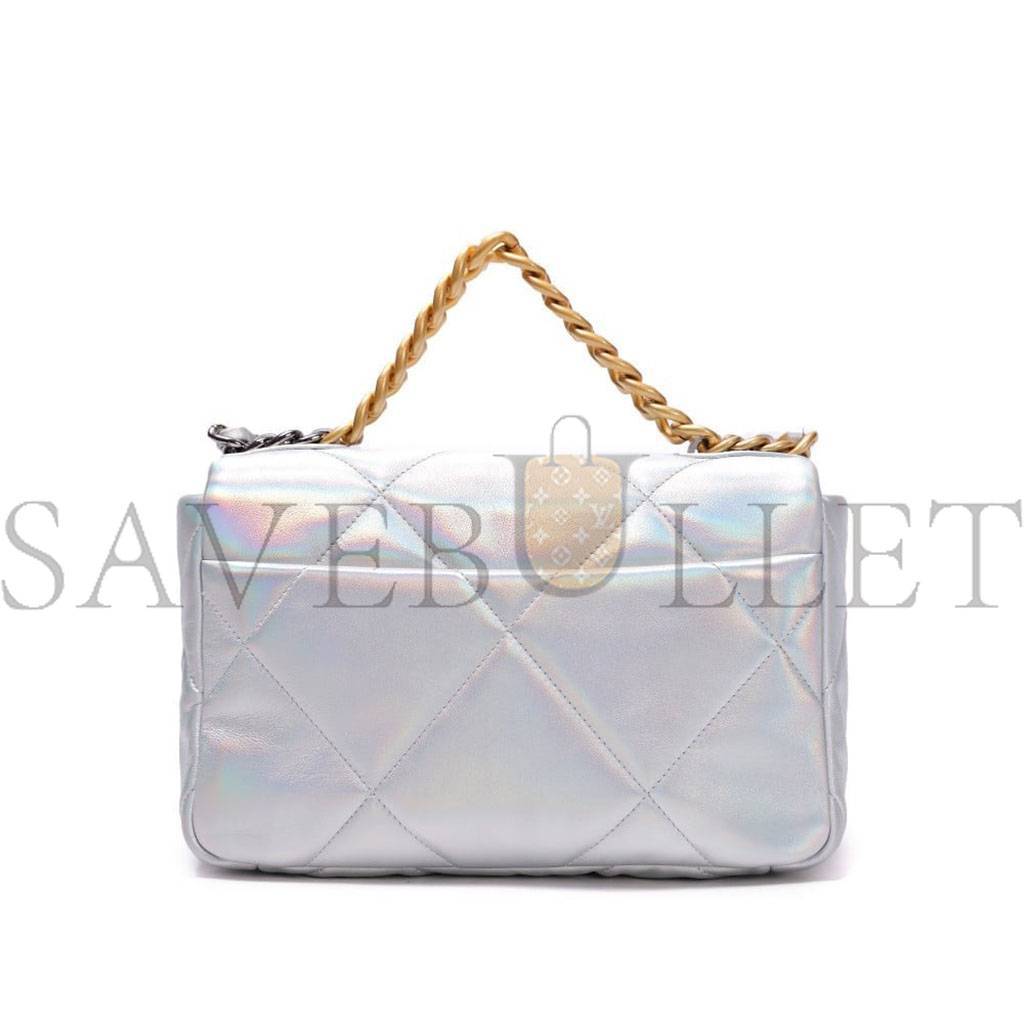 Ch*el iridescent calfskin quilted medium Ch*el 19 flap light gold purple blue as1160 (26*17*8cm)
